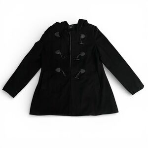 LOVE TREE Women’s Black Winter Wool Pea Coat With Hood & Toggles Size Large
